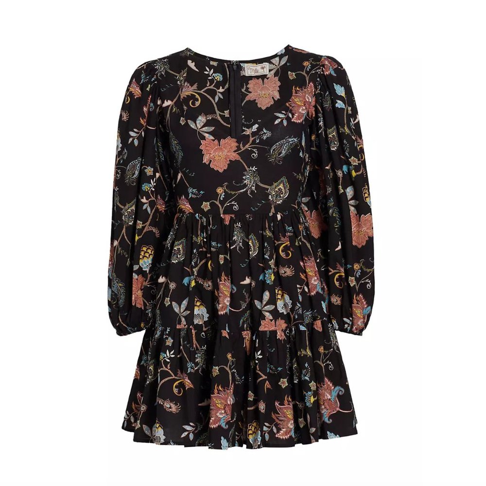 Black Floral Tiered Long-Sleeve Mini Dress